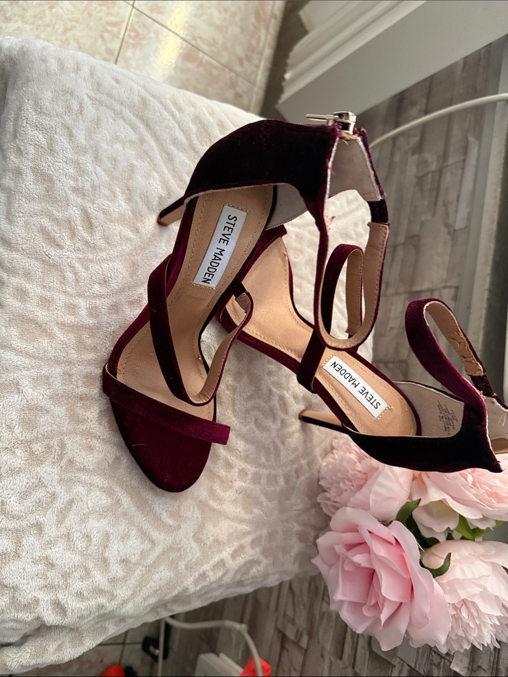 Steve Madden Burgundy Velvet Ankle-Strap Stiletto Heels